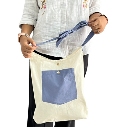 Blue Bold Striped Pocket with Bow Canvas Tote Bag