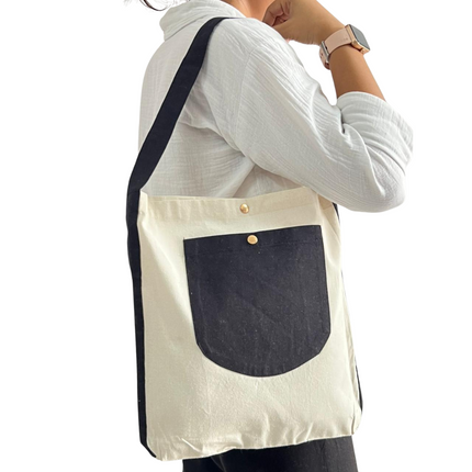 Black Bold Striped Pocket Canvas Tote Bag