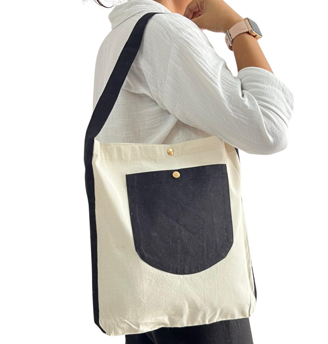 Black Bold Striped Pocket Canvas Tote Bag