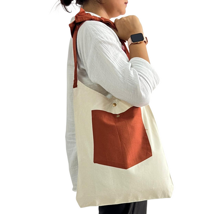 Brown Bold Striped Pocket with Bow Canvas Tote Bag