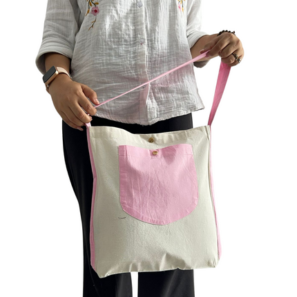 Pink Bold Striped Pocket Canvas Tote Bag