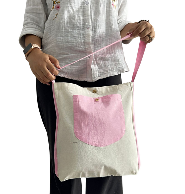 Pink Bold Striped Pocket Canvas Tote Bag