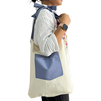 Blue Bold Striped Pocket with Bow Canvas Tote Bag