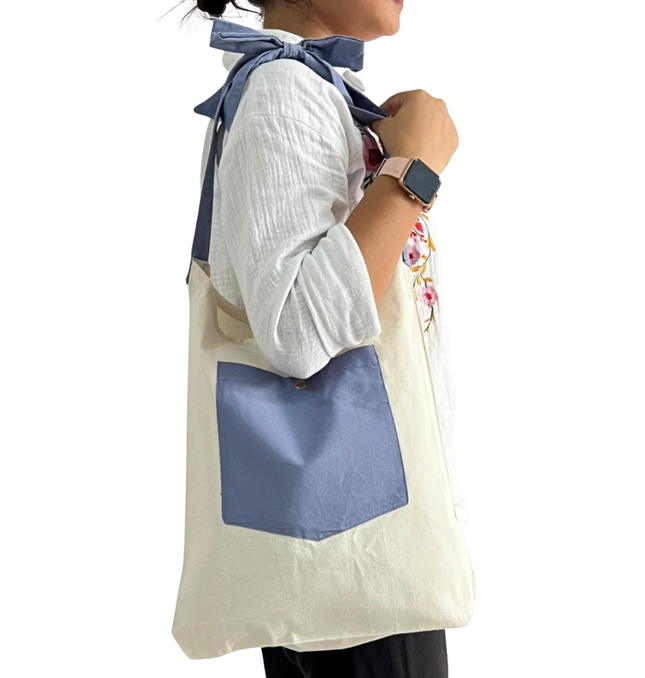 Blue Bold Striped Pocket with Bow Canvas Tote Bag