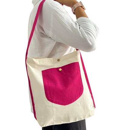 Hot Pink Bold Striped Pocket Canvas Tote Bag