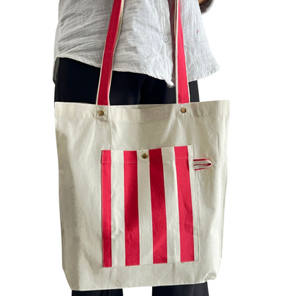 Red Bold Striped Pocket Canvas Tote Bag