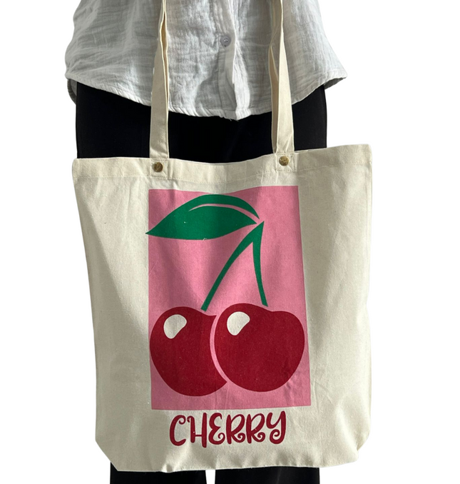 Cherry Print Canvas Tote Bag