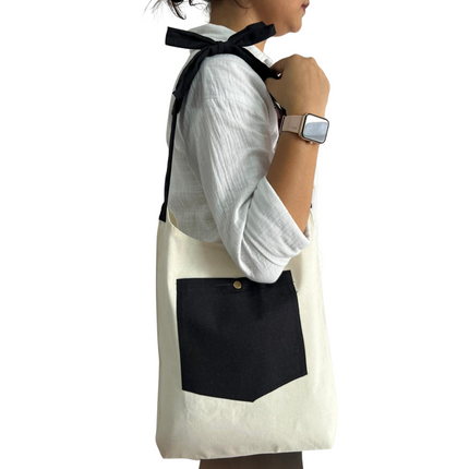 Black Bold Striped Pocket with Bow Canvas Tote Bag