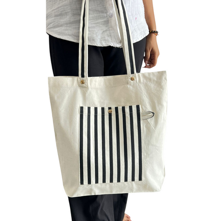 Black Classic Striped Pocket Canvas Tote Bag