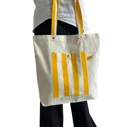 Yellow Bold Striped Pocket Canvas Tote Bag