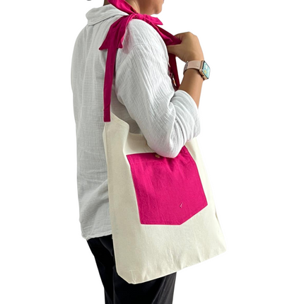 Pink Bold Striped Pocket with Bow Canvas Tote Bag