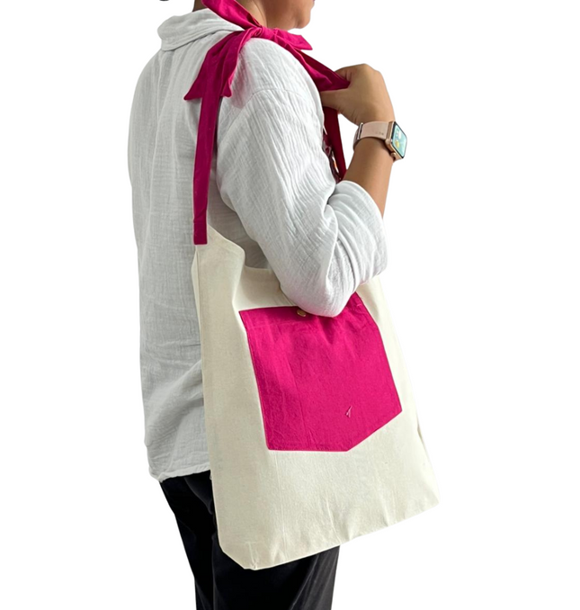 Pink Bold Striped Pocket with Bow Canvas Tote Bag
