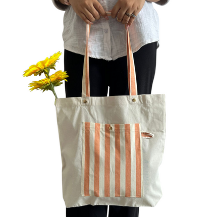 Brown Bold Striped Pocket Canvas Tote Bag