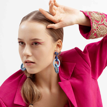 Blue Tripple Rafia Long Earrings