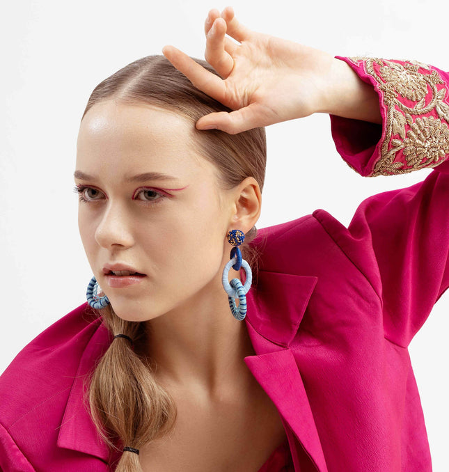 Blue Tripple Rafia Long Earrings - HASHTACK