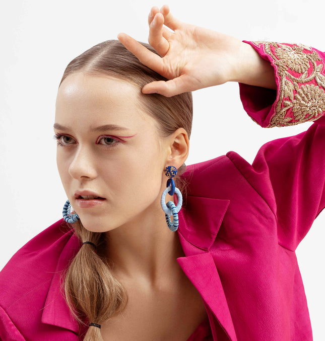 Blue Tripple Rafia Long Earrings