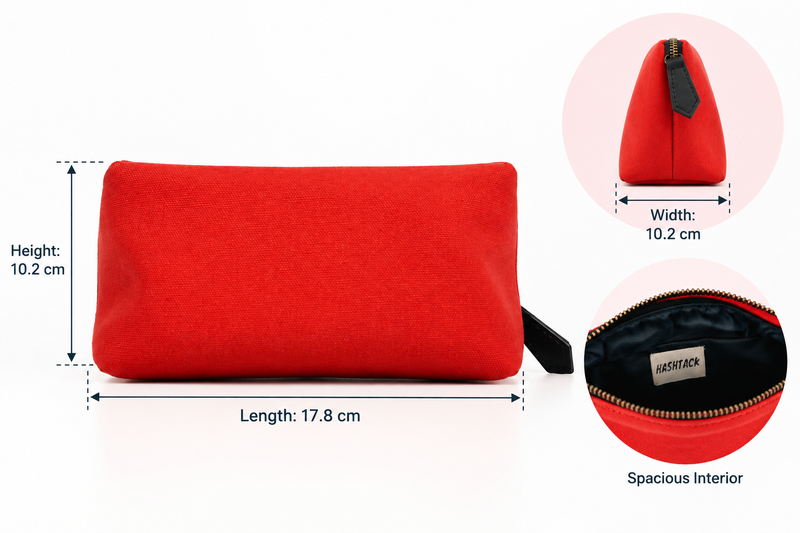 Size guide for the Scarlet Muse red makeup pouch: 17.8 cm long, 10.2 cm high and 10.2 cm wide at the base
