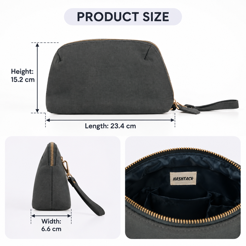 Inside a Hashtack canvas makeup pouch, showing the soft fabric lining and the inner zip pocket