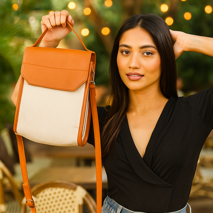 Classic Tan Canvas PU Shoulder Bag