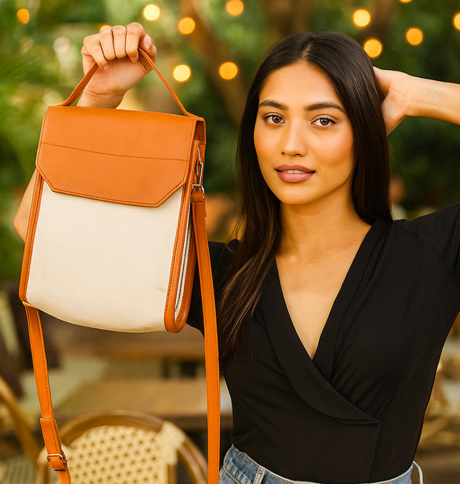 Classic Tan Canvas PU Shoulder Bag