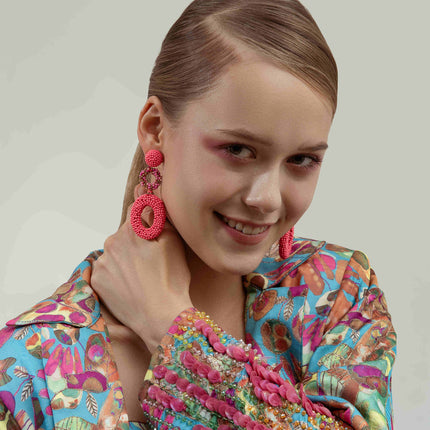Coral Pink Beaded Oval Ring Earrings