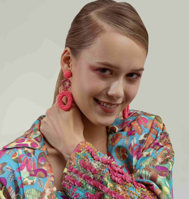 Coral Pink Beaded Oval Ring Earrings - HASHTACK