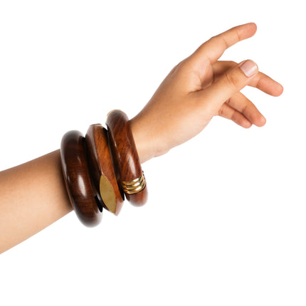 Handcrafted Wooden & Brass Accent Bangles – Set of 3