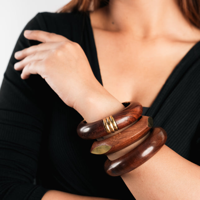 Handcrafted Wooden & Brass Accent Bangles – Set of 3