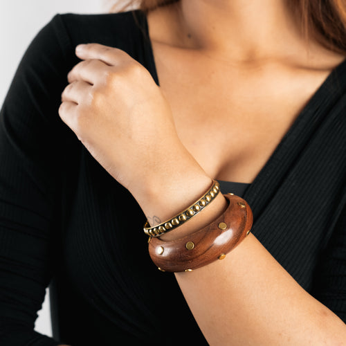 Rustic wooden bangle set with brass detailing