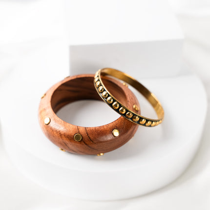 Rustic Charm Wooden & Brass Bangle Set