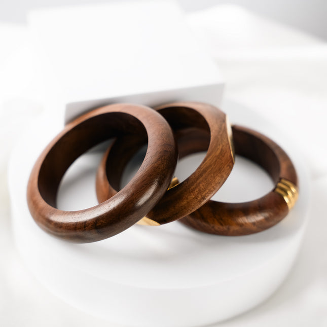 Handcrafted Wooden & Brass Accent Bangles – Set of 3