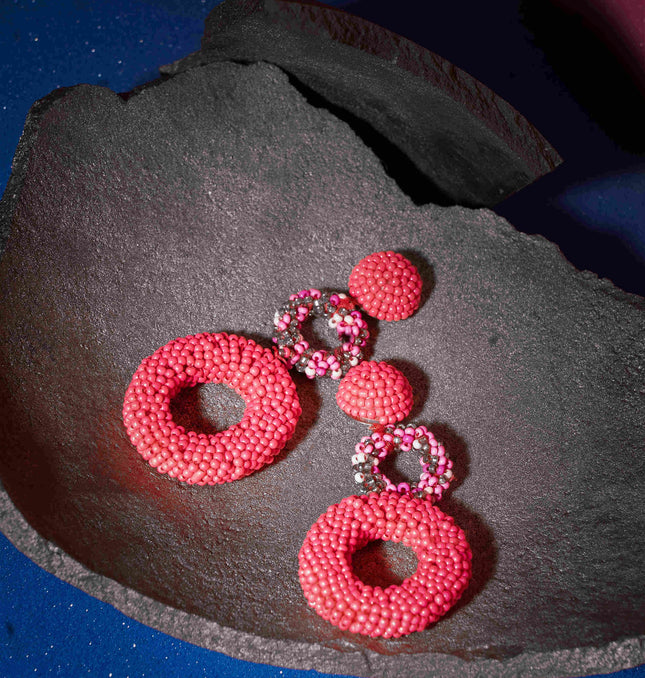 Coral Pink Beaded Oval Ring Earrings - HASHTACK