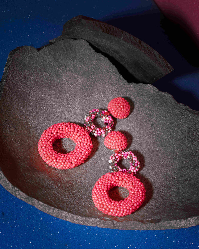 Coral Pink Beaded Oval Ring Earrings