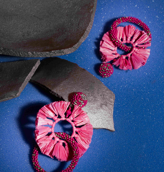 Fushia pink Rafia With Beaded Earrings