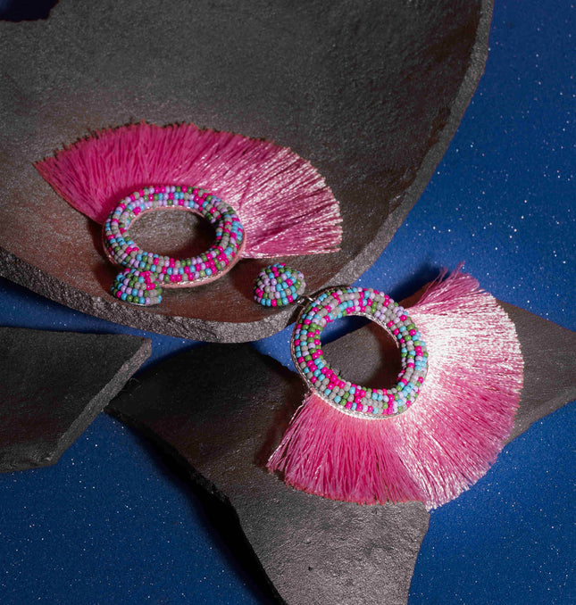 Multi Beaded Pink Fringe Fan Earrings - HASHTACK