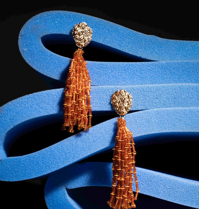 Orange Beaded Long Fall Earrings