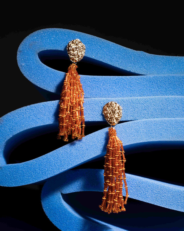 Orange Beaded Long Fall Earrings