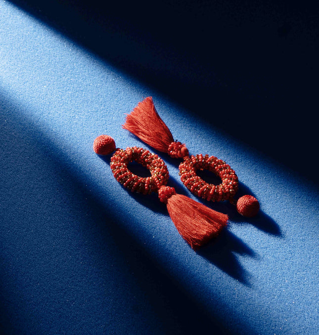 Red Beaded Drop Tassel earrings
