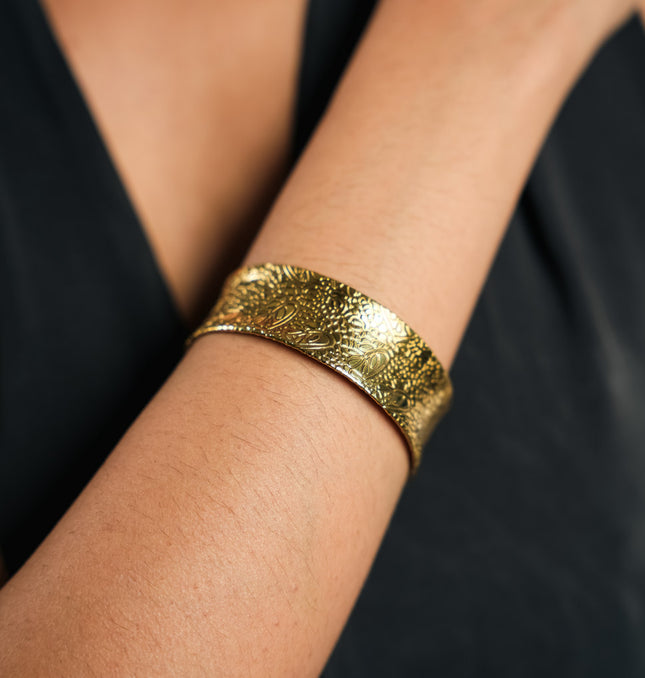Celeste Embossed Gold Cuff Bracelet | Hashtack