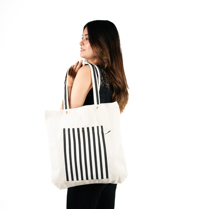 Black Classic Striped Pocket Canvas Tote Bag