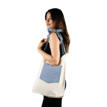 Blue Bold Striped Pocket with Bow Canvas Tote Bag