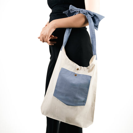 Blue Bold Striped Pocket with Bow Canvas Tote Bag