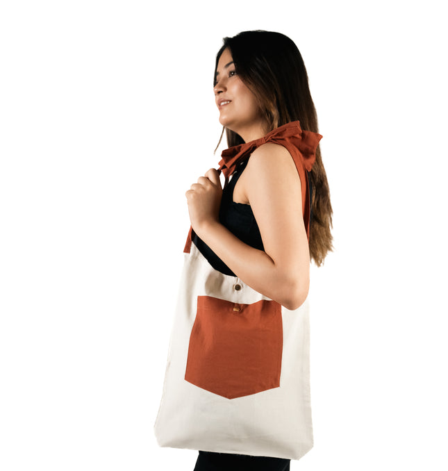 Brown Bold Pocket with Bow Canvas Tote Bag