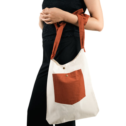 Brown Bold Pocket with Bow Canvas Tote Bag