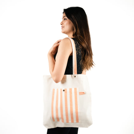 Brown Bold Striped Pocket Canvas Tote Bag