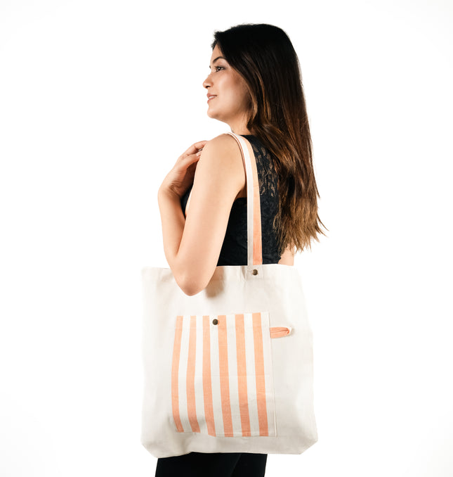Brown Bold Striped Pocket Canvas Tote Bag