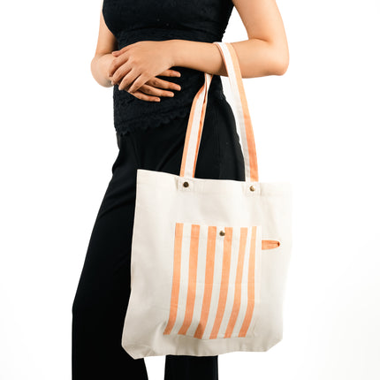 Brown Bold Striped Pocket Canvas Tote Bag