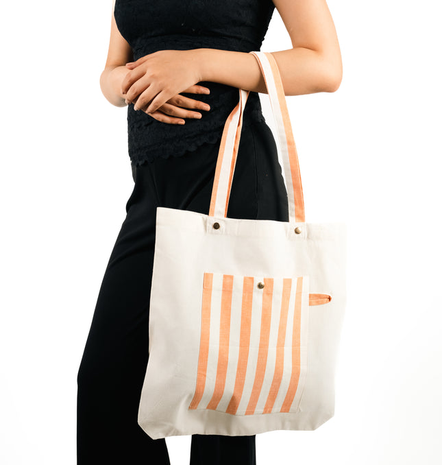 Brown Bold Striped Pocket Canvas Tote Bag