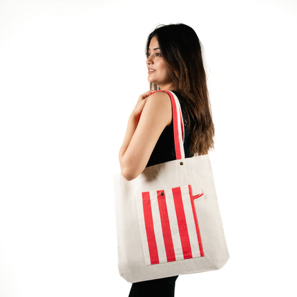 Red Bold Striped Pocket Canvas Tote Bag