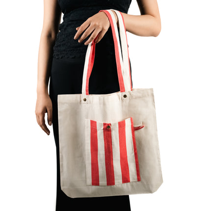 Red Bold Striped Pocket Canvas Tote Bag